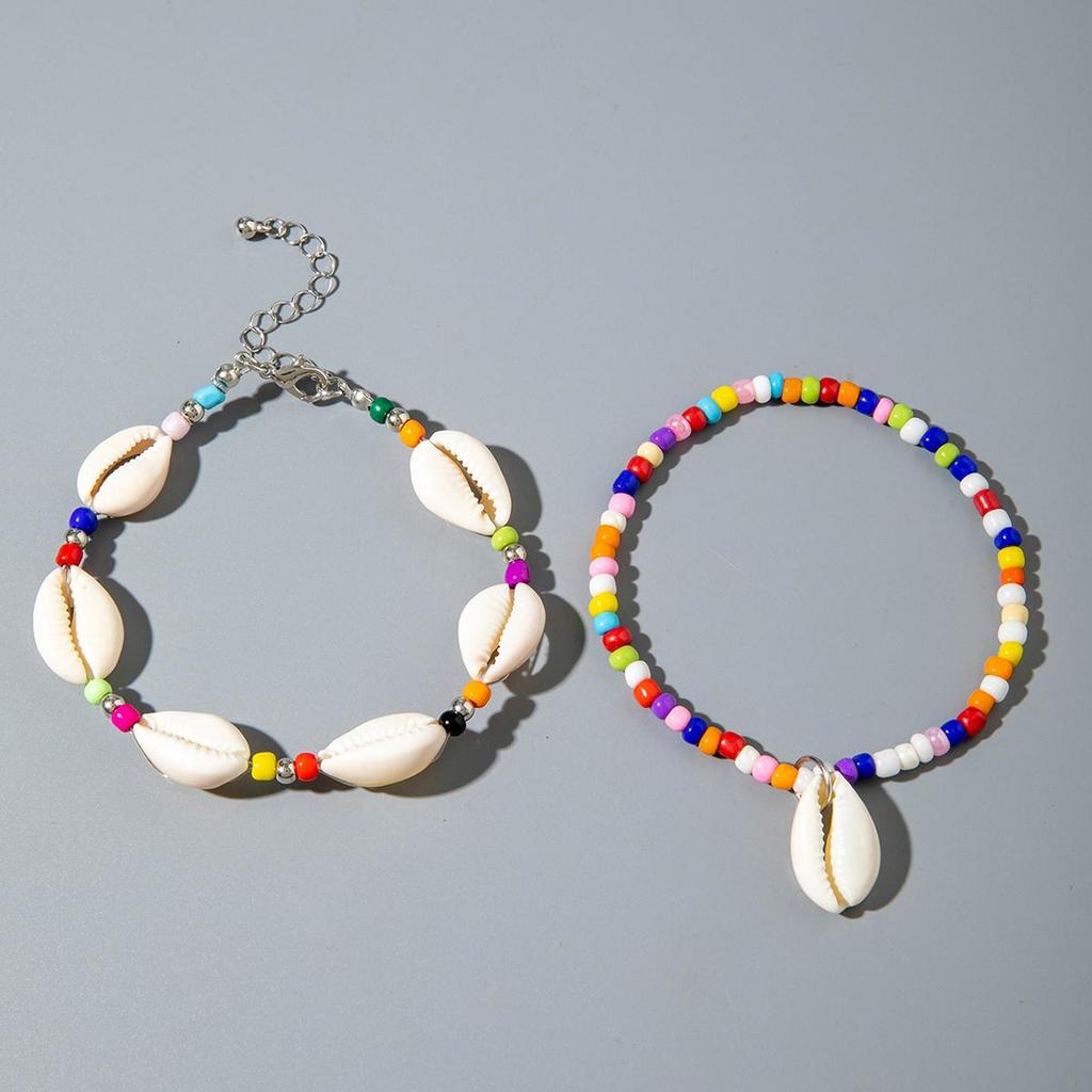 2pcs Fashionable and Simple Bohemian Beach Shell Rice Bead Foot Chain Women's Jewelry Colorful Foot Chain Accessories