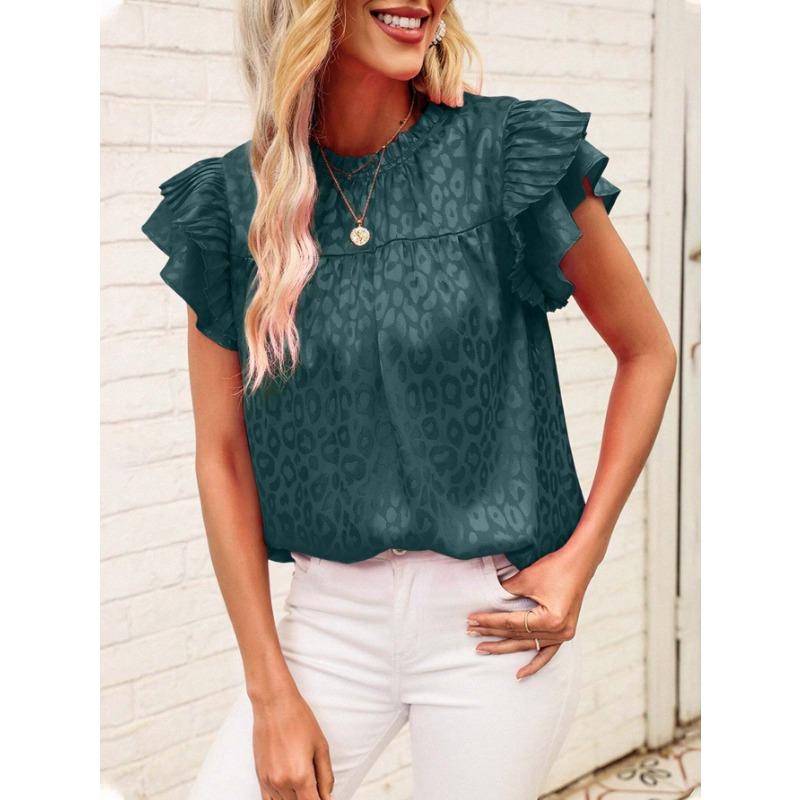 2026 Women's Summer New Trendy Versatile Printed Ruffle Sleeve Wave Collar Women's Top