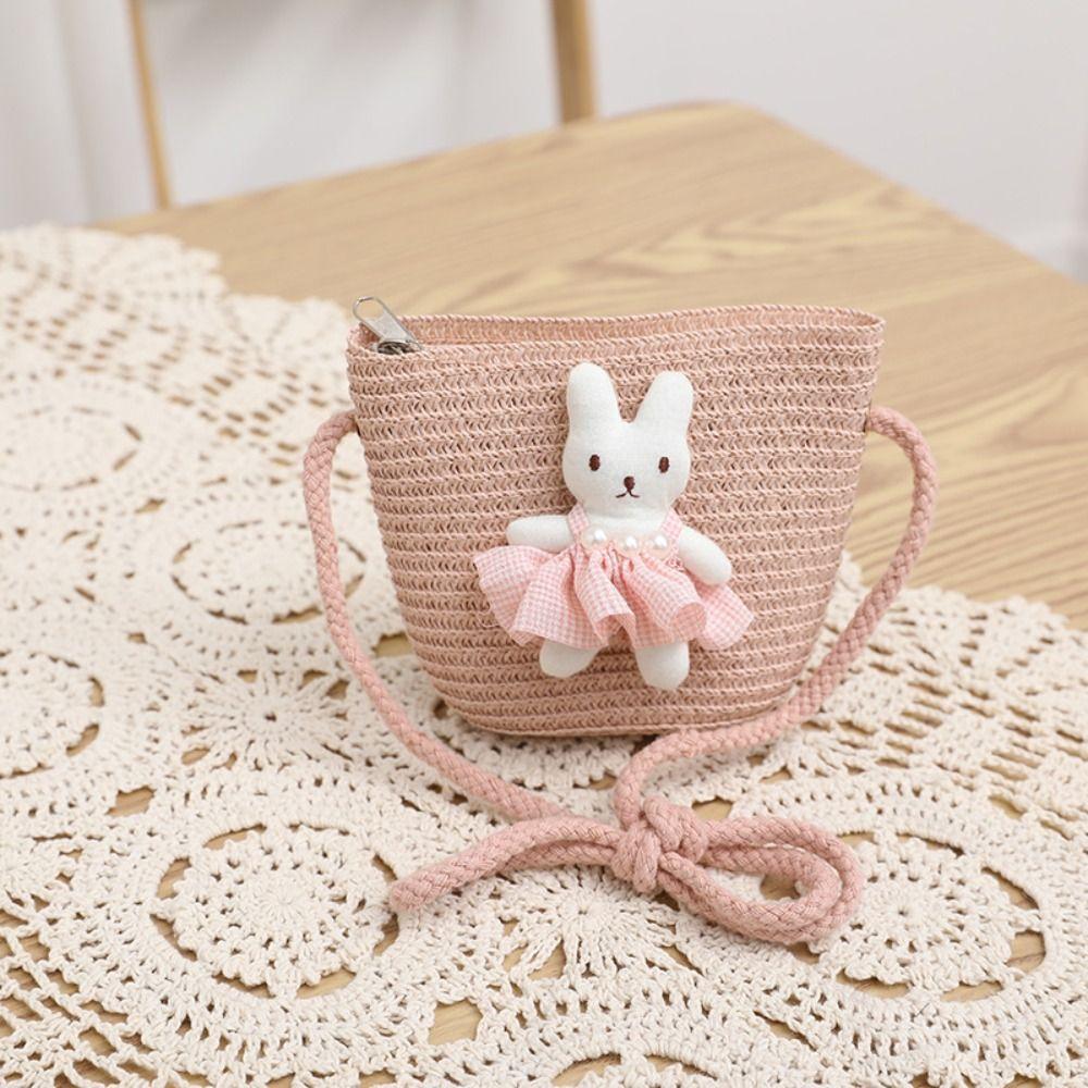 Cute Cartoon Bunny Mini Straw Bag Handmade Woven Zipper Kid Messenger Bags Coin Purse Photo Props Storage Basket