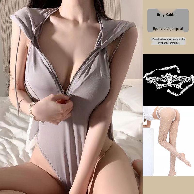 Mu Xiaochu Zipper Open Cup Bodycon Push-Up Bunny Bodysuit Lingerie