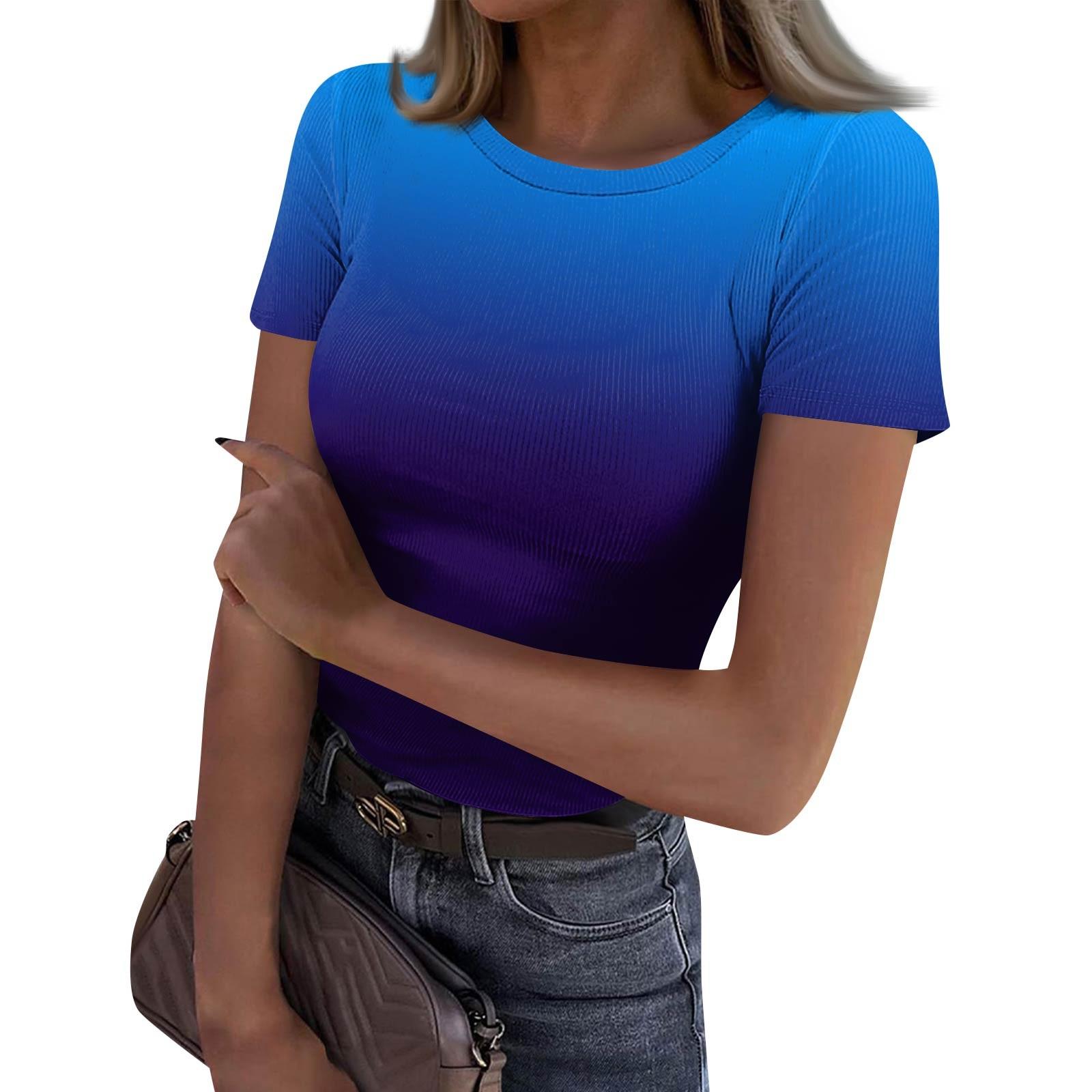 

Жіноча тонка футболка Модний повсякденний пуловер з круглим вирізом і короткими рукавами M синій