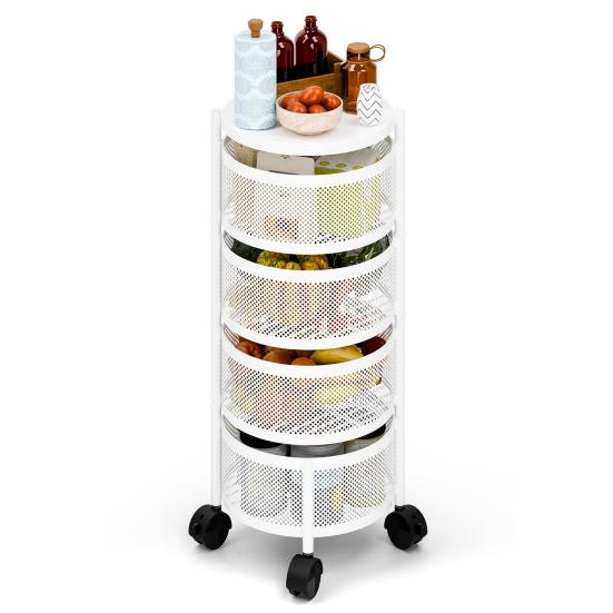Rotating Storage Rack Fruit Basket for Kitchen 3/4/5 Tier Circular Rotating Basket Fruit and Vegetable Metal Wire Shelf with Top Lid (White)