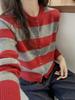 Women's Wool Knit Cardigan Sweater - Autumn/Winter, Loose Fit, Contrasting Stripes, Round Neck, Color Block Design.