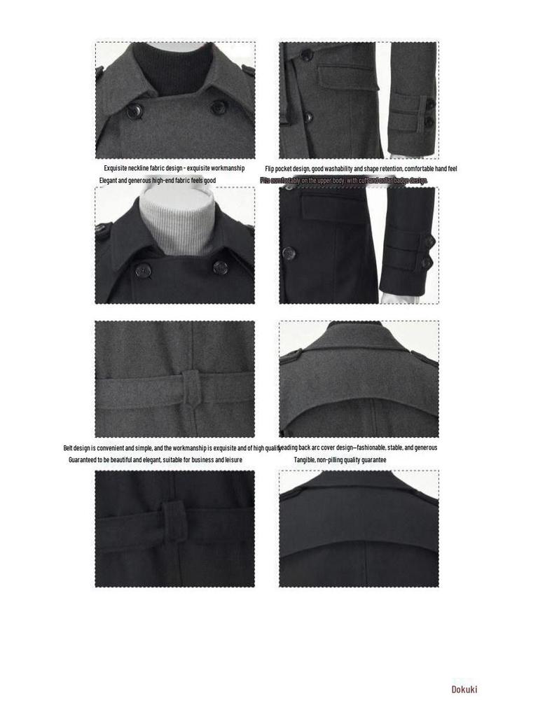 Korean Style Men's Autumn/Winter Double-Breasted Wool Coat with Shoulder Badge