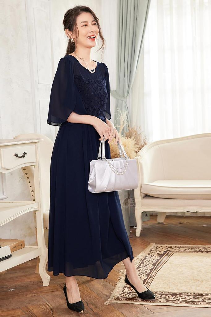 Hanmall Blue Chiffon Party Formal Lace Round Perfect for and Special LON516 Dress, Dress, Embroidered, Flared, 3/4 Sleeves, Neck, Weddings,