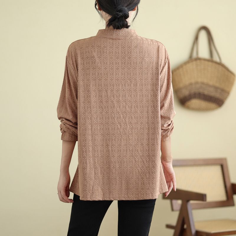 Autumn Winter Jacquard Loose Long Sleeved Shirt Plus Size Women's Base Shirt Middle-aged Elderly Thin Style Shirts