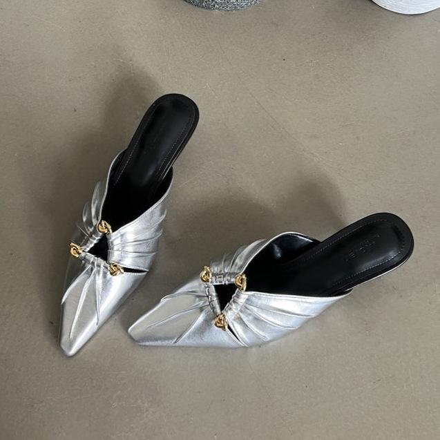 2025 new triangular buckle French temperament half-drag muller shoes pointed tip thin heel sandals women wear high heels