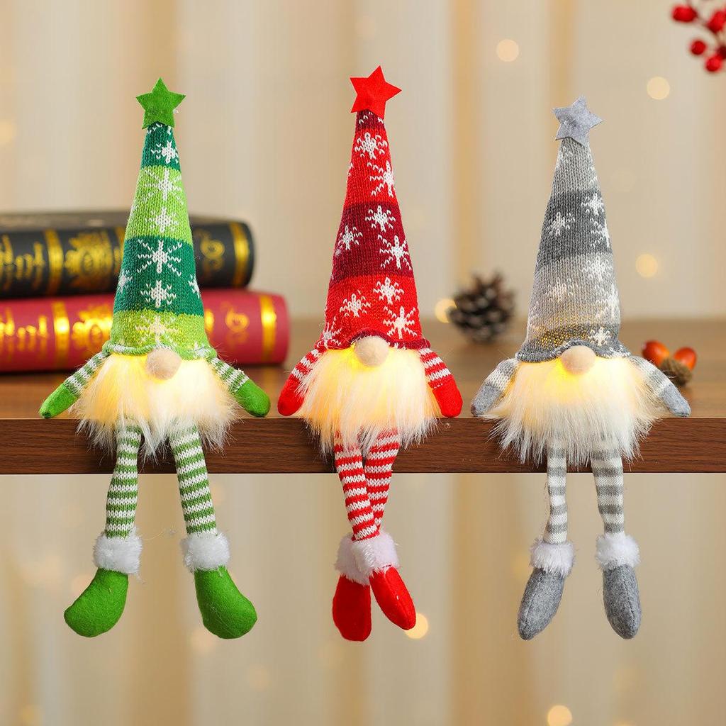 Striped Snowflake Knit Star Hat with Light-Up Legs Christmas Gnome Ornament Gift Decoration