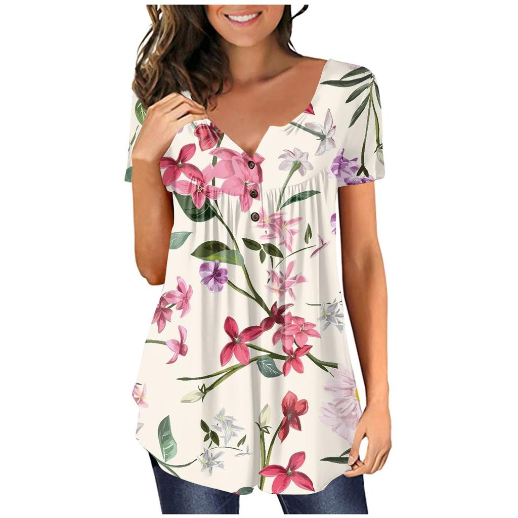Tunica a maniche corte da donna T-shirt larghe T-shirt casual taglie forti Tunica a pieghe Bottoni T-shirt floreali estive casual per le donne