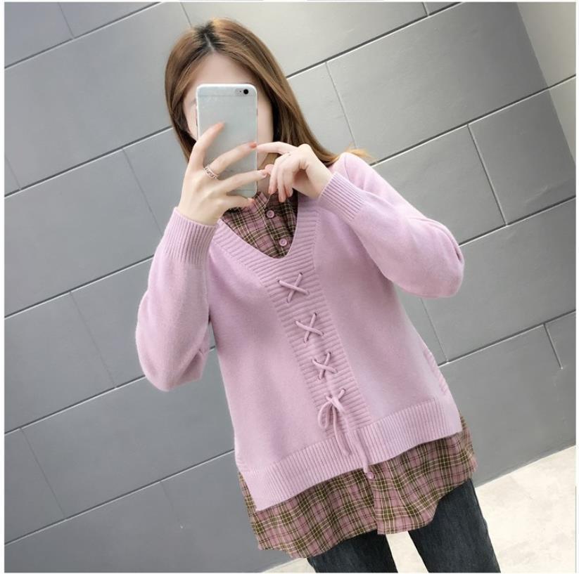 Spring and Autumn Lapel Women's Loose Lazy Style Stitching Fake Two-piece Pullover Sweater Bottoming