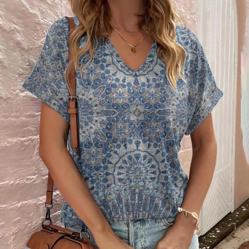 Casual Bohemian Print Women's Short Sleeve V-Neck Top T-Shirt