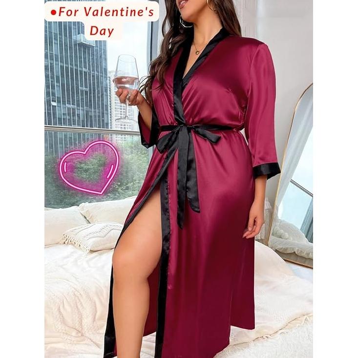 Women's Plus Size Valentines Robe, Sexy Satin Robe Long Sleepwear