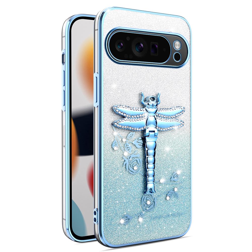 

KADEM For Google Pixel 10 Pro XL Case Dragonfly Kickstand TPU Flowers Glitter Phone Cover Blue