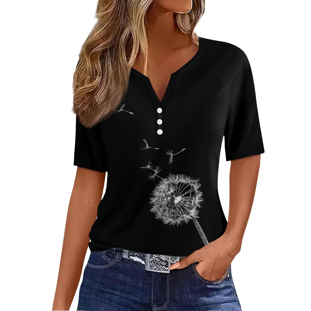 Women's Casual Sequin Printed V-Neck Short Sleeve Decorative Button T-Shirt Top