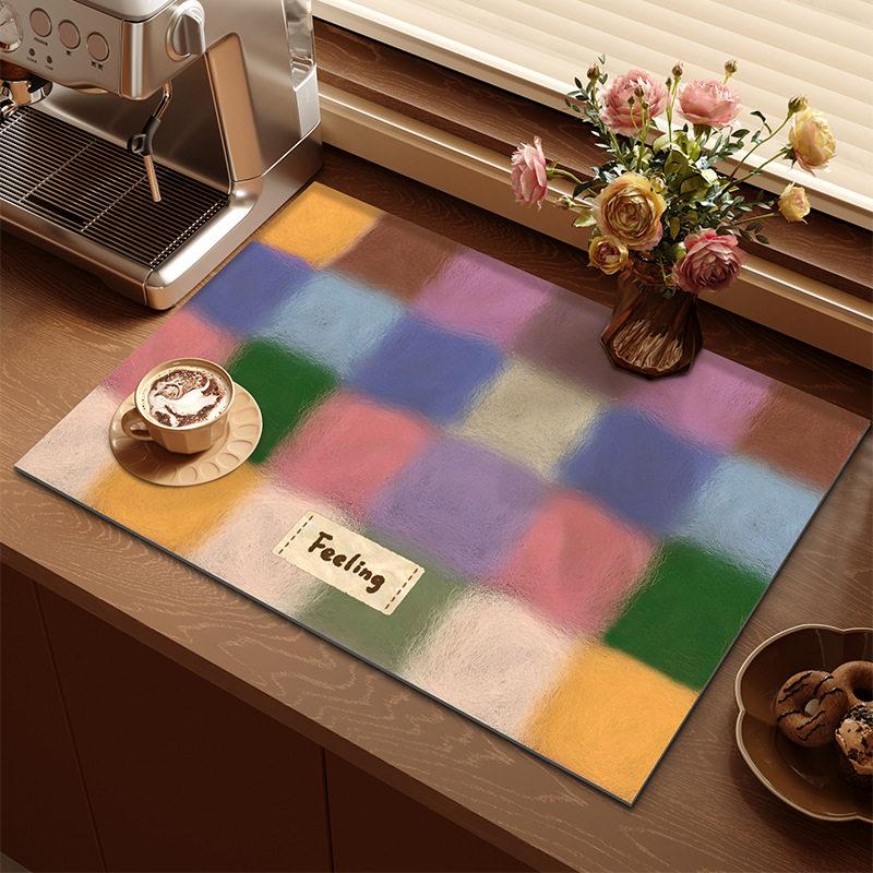 Pastel Oil Painting Plaid Drying Mat Feeling Label Print Non Slip Absorbent Pad For Espresso Kitchen Worktop Kitchen Mat