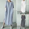Large Quantity  Crew Neck Short Sleeve Solid Side-Split Hem Knee-Length Cotton Linen Dress for Girls