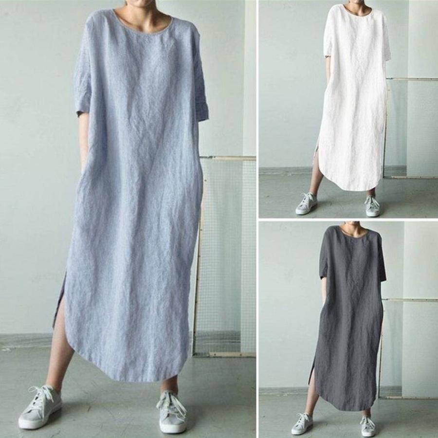 Large Quantity Crew Neck Short Sleeve Solid Side-Split Hem Knee-Length Cotton Linen Dress for Girls