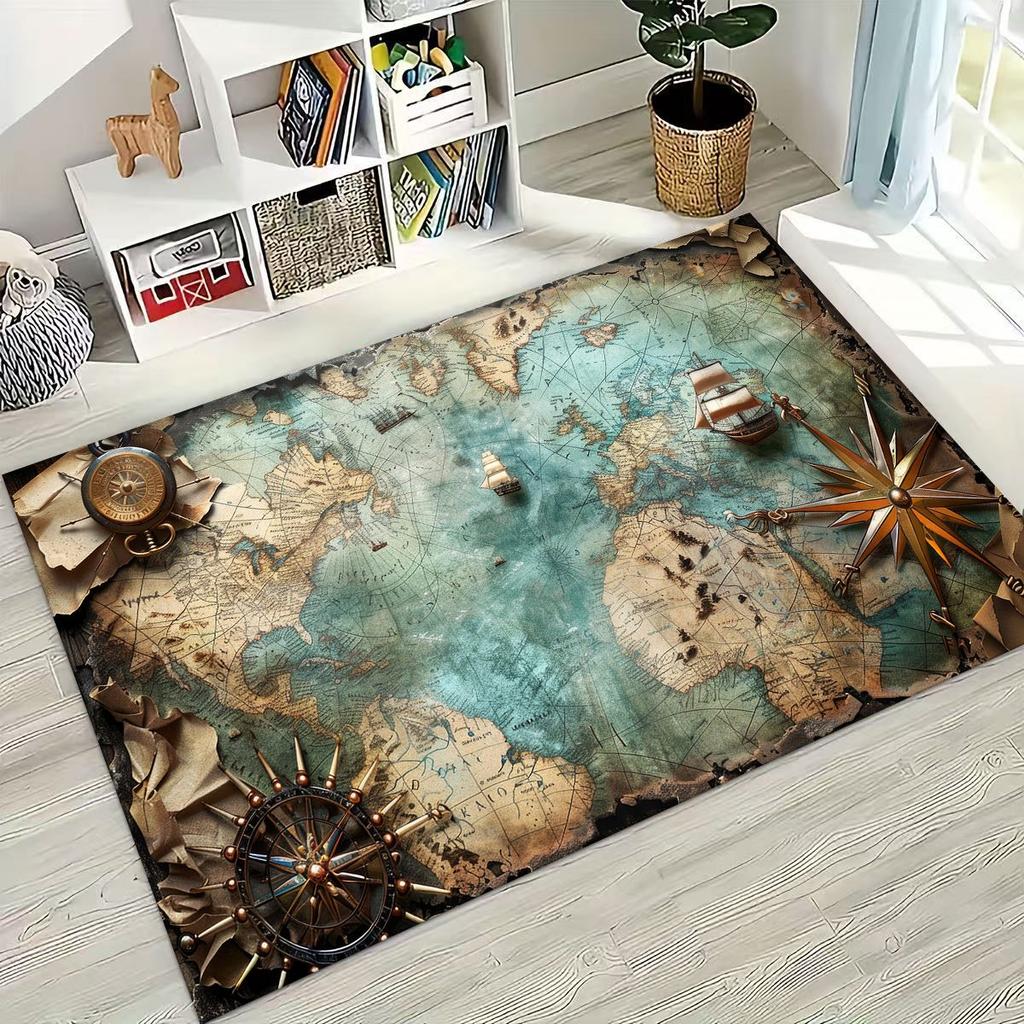 Retro Nautical Map Chart Treasure Map Compass Moto Rug for Bedroom Living Room Sofa Home Doormat Decor,Kids Non-slip Floor Mat