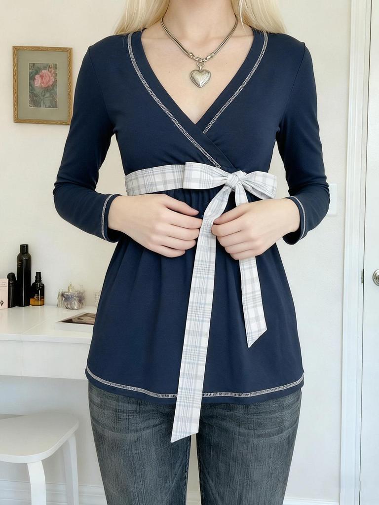Plaid Bow Tie Lace-up Waist-cinch Babydoll Top - European/American Sweet Style Long-sleeve T-Shirt