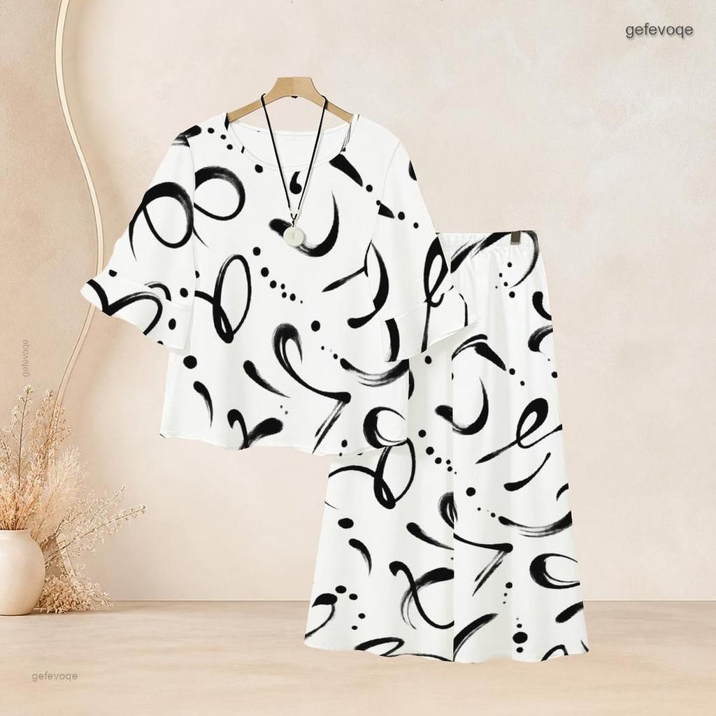 Women Plus Size Two Piece Set Round Neck Flared Half Sleeve Abstract Printed Black White Top And Long Pants