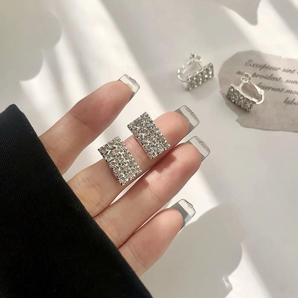 Silver Needle Earrings, Chain, Daily Rectangular Square Cubic