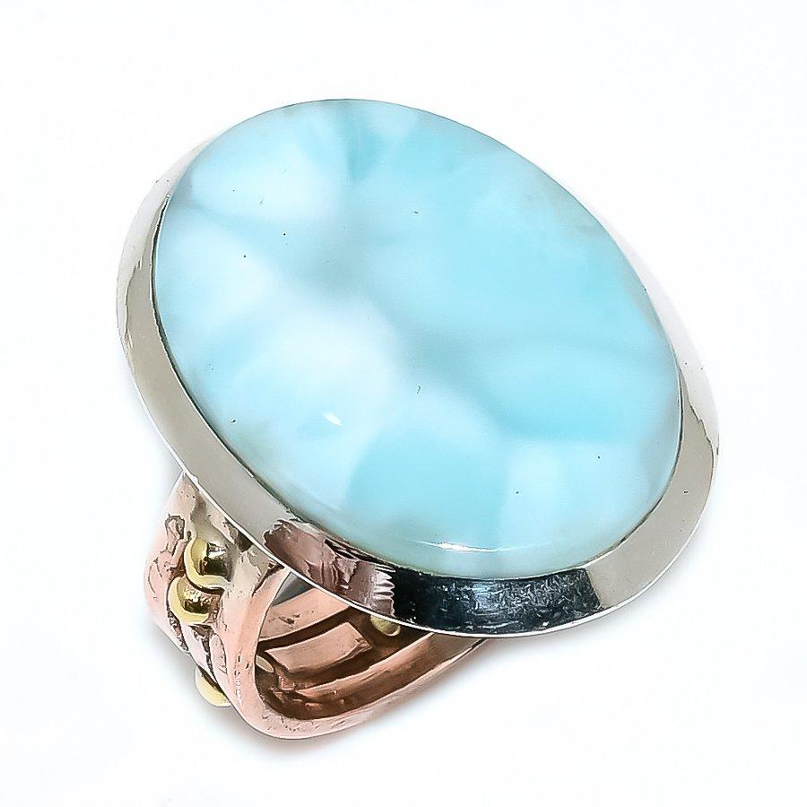 

Natural Larimar Gemstone 925 Solid Sterling Silver TwoTone Gift Ring S.9 u8u53