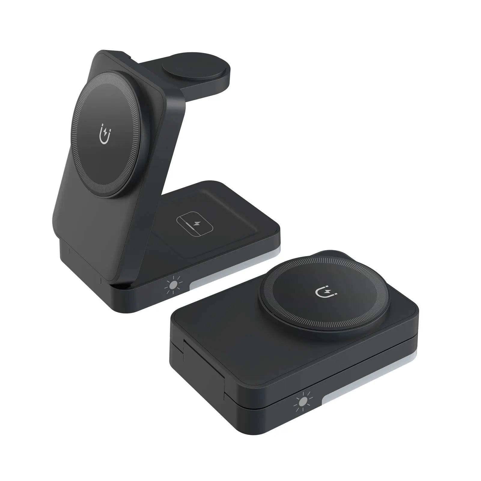 

Подставка 3 в 1 с магнитной беспроводной зарядкой, складная док-станция со светодиодными индикаторами для iPhone 17~12, Apple Watch 2-9 SE, AirPods Pro, быстрая зарядка чёрный