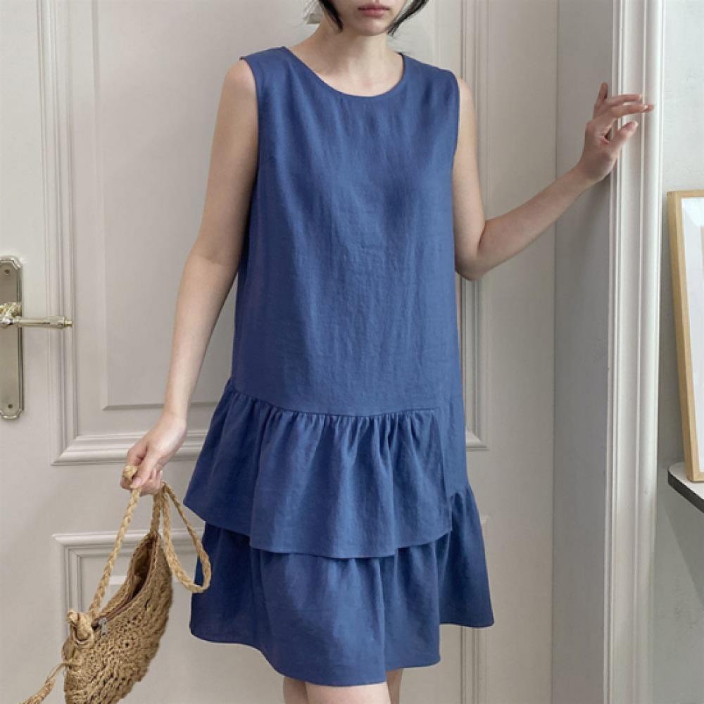 New Arrivals Open Run Women Summer Linen Sleeveless Pintuck Frill Mini Dress