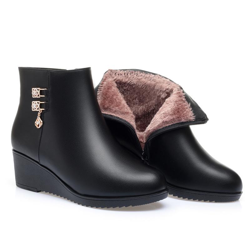 Protiskluzová měkká podrážka klínový podpatek bavlněné boty zvyšující dámské kožené boty sametové podzimní a zimní ploché kotníčkové boty