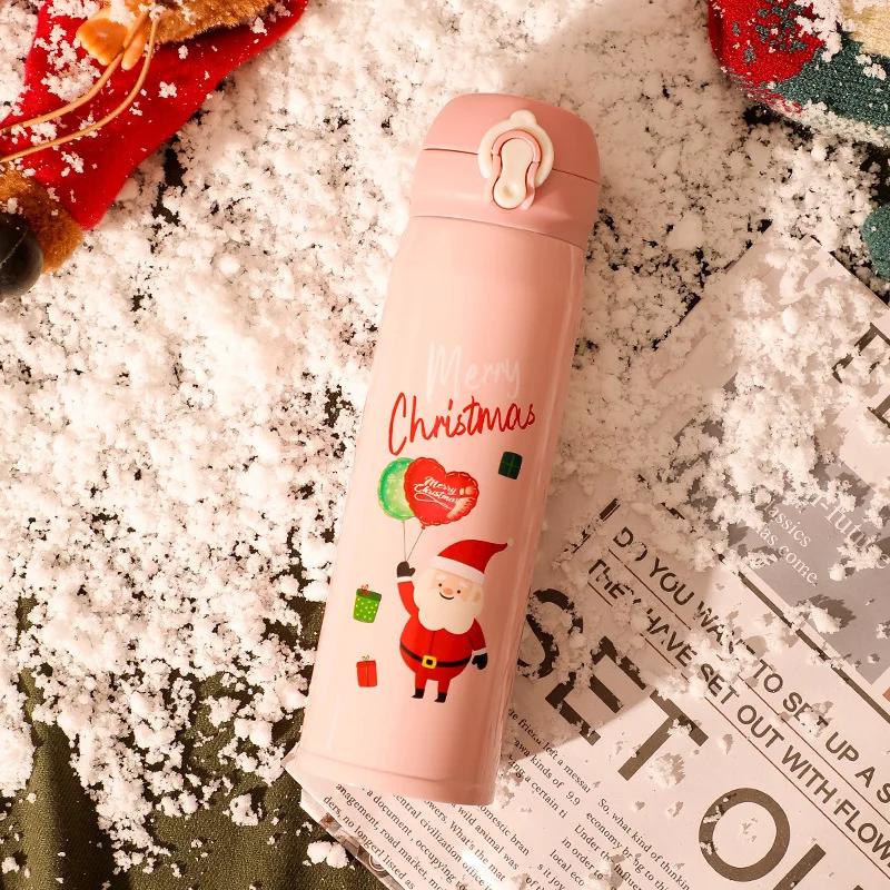 Stainless Steel Bouncing Straw Thermos Cup Vacuum Flask Insulated Water Bottles Christmas Elk Santa Cups Gifts for Kid Drinkware