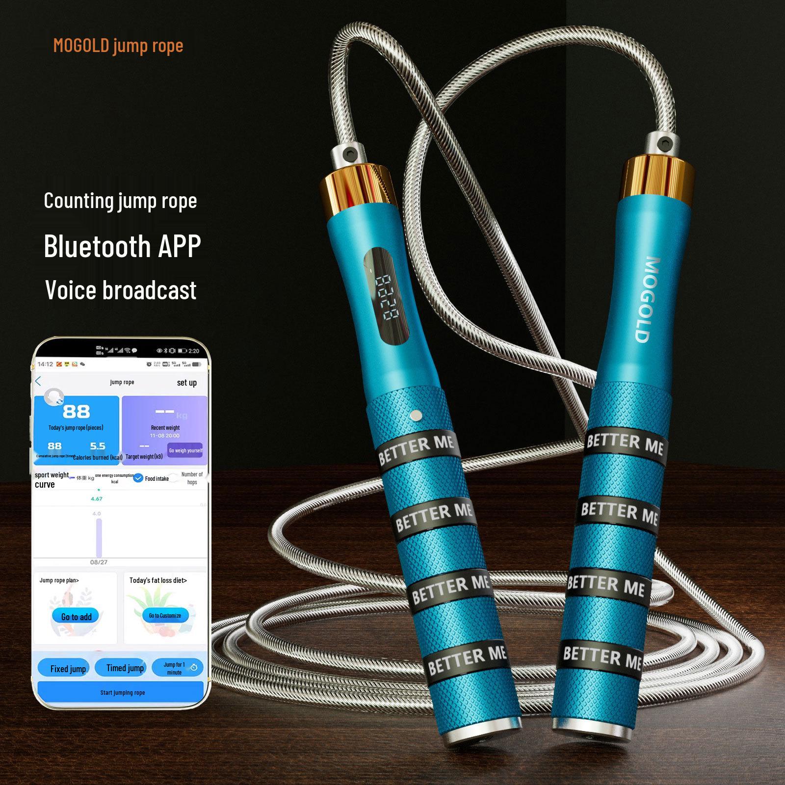 MOGOLD Умная Bluetooth скакалка с подсчетом и четырьмя силиконовыми кольцами