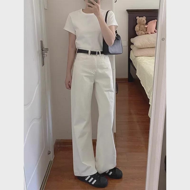 Women's White Velvet High-Waist Wide-Leg Jeans - Winter Slim Loose Fit, Plus Size