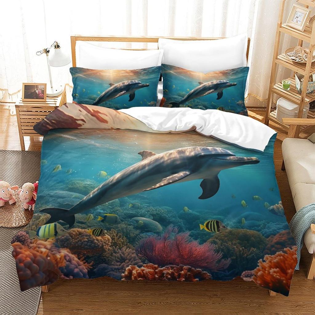 Comforter Dolphin Cute Jumping Dolphins Bedding Set Microfiber Marine Animals Comforter With 2 Pillow Sham Twin King
