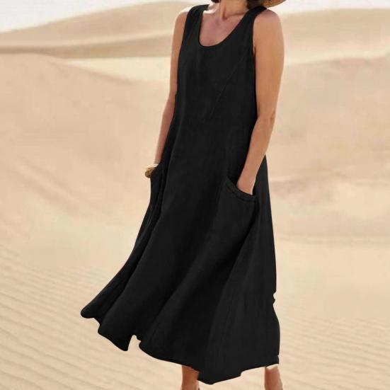 Vestido Maxi de Lino para Mujer Casual de Verano Holgado Sin Mangas Boho Tipo Camiseta Cuello Redondo Vestido de Sol para Vacaciones en la Playa con Bolsillos