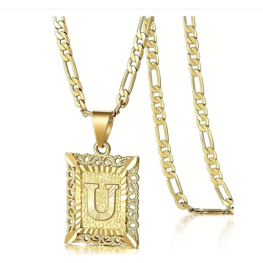Initial Necklace Square Letter Pendant Necklace Capital Monogram Necklace Alhpabets From A-Z Figaro Chain Necklace