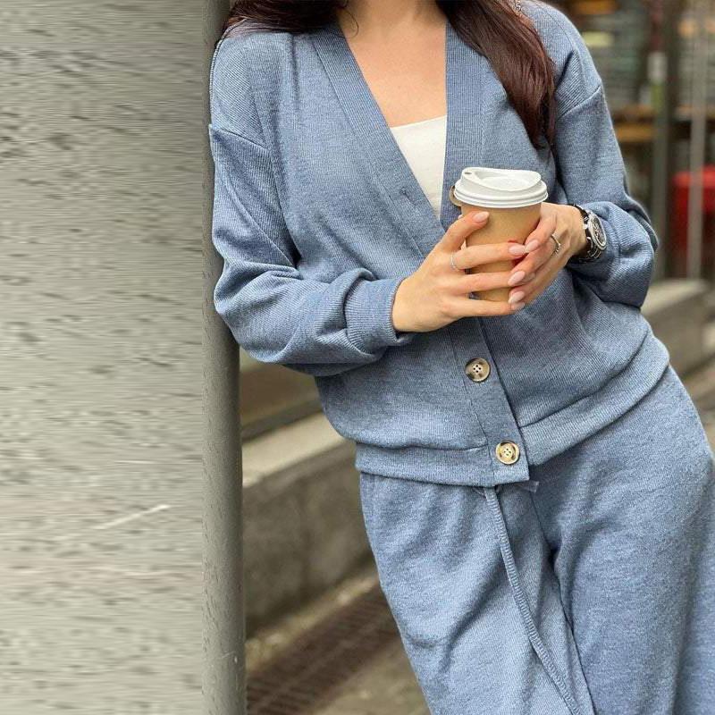 Fall and Winter New Fashion Single-breasted Casual Sports Suit Cardigan Top Lace-up Pants Two-piece Women's Clothing