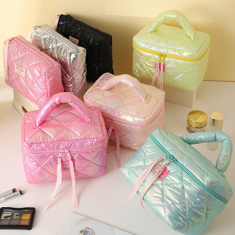 Wide Open Quilted Makeup Bag Large Capacity Zipper Handle Travel Toiletry Cosmetic Bag Ladies Makeup Storage Bags