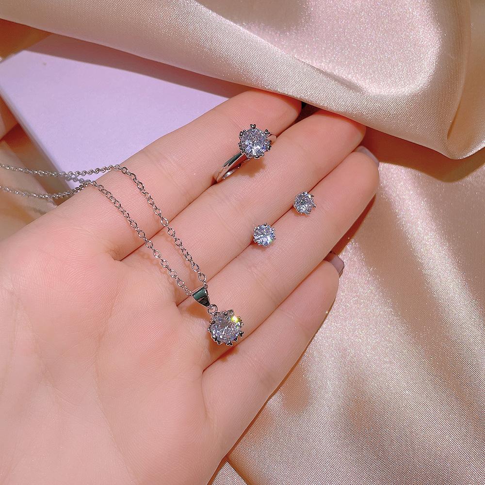 Classical Solid  Silver Needle Dazzling 6 Claws 5A Zirconia Necklace+Earrings+Ring  Sets For Women Wedding