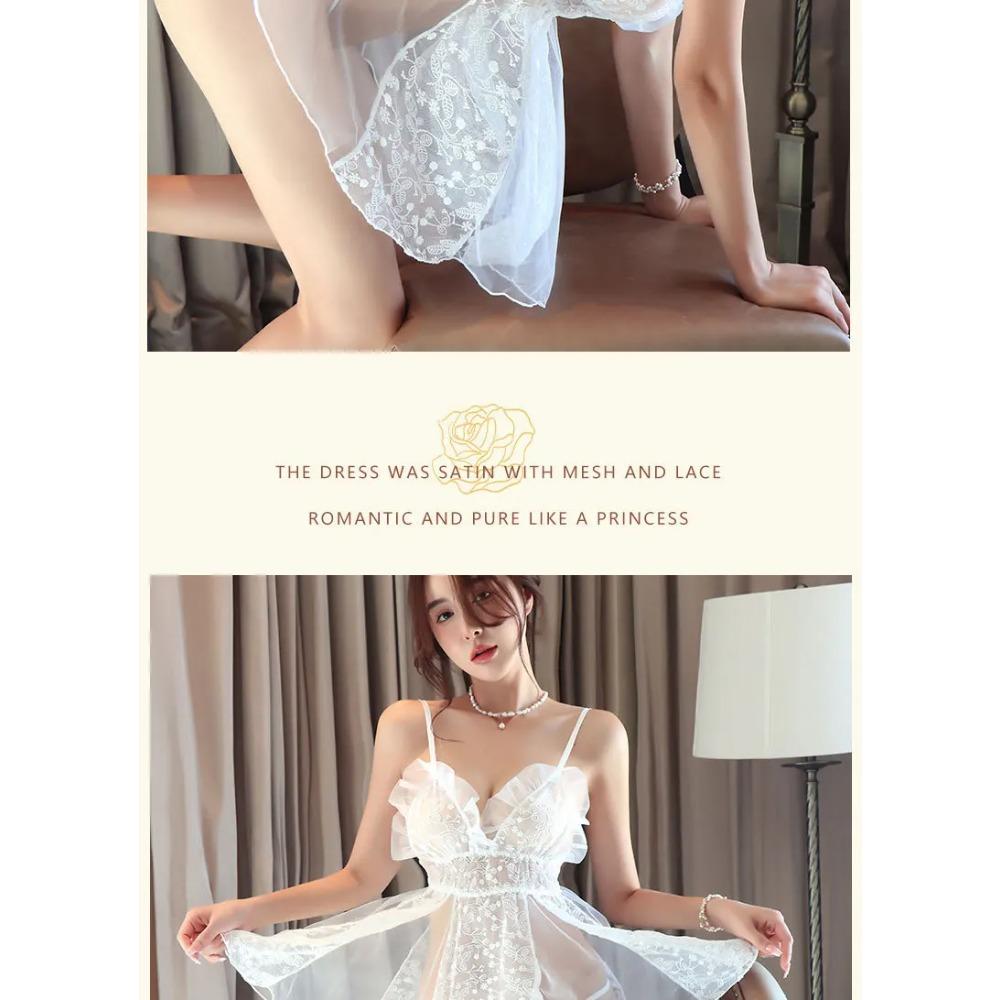 Sexy Lingerie Suspender Mesh Design Sense Embroidery Dress V Neck Erotic Romantic Elegant Gentle Charm Sheer Loose