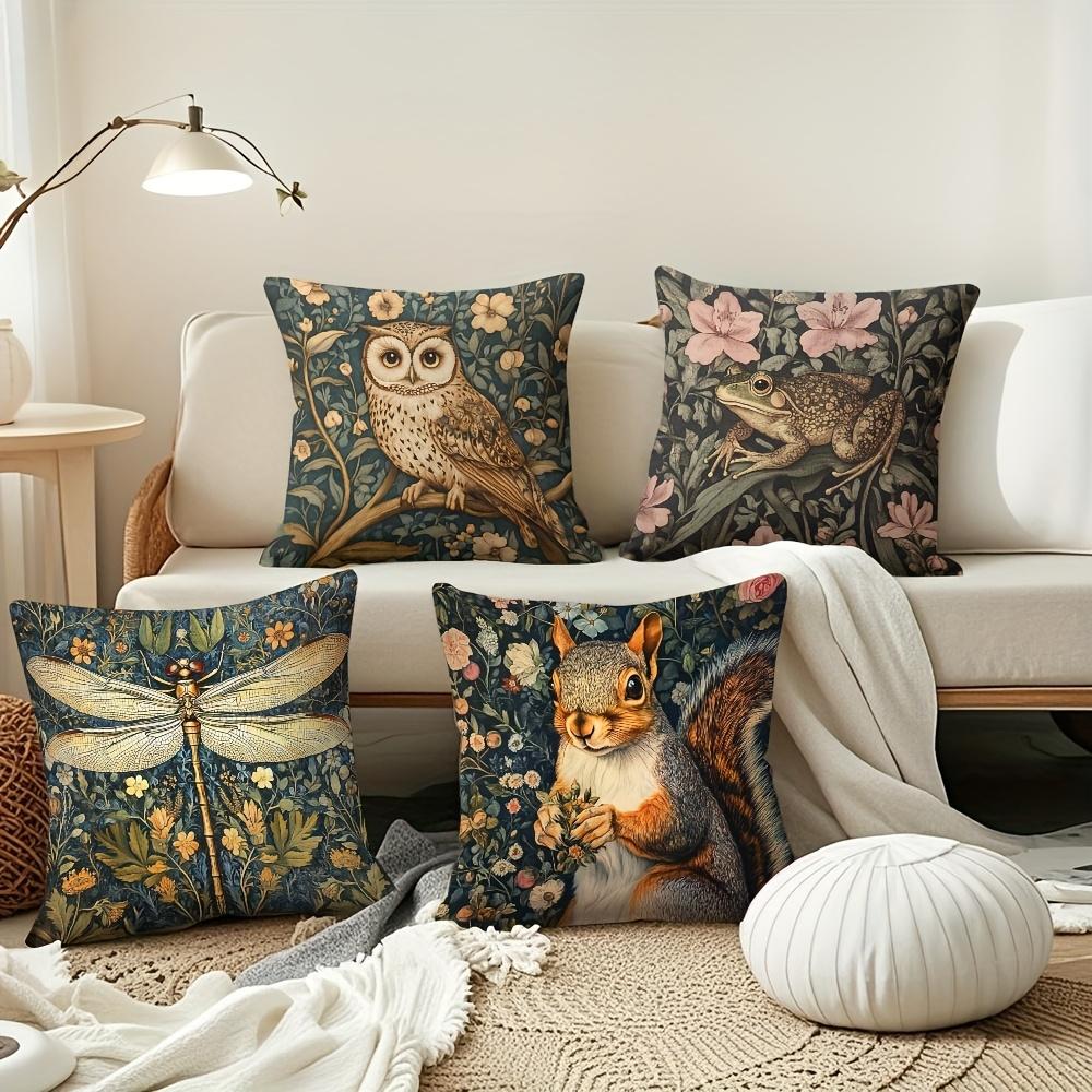 Vintage Waldtiere Kissenbezüge, Eule Frosch Libelle Eichhörnchen Blumendruck Kissenhüllen, William Morris Stil Dekor