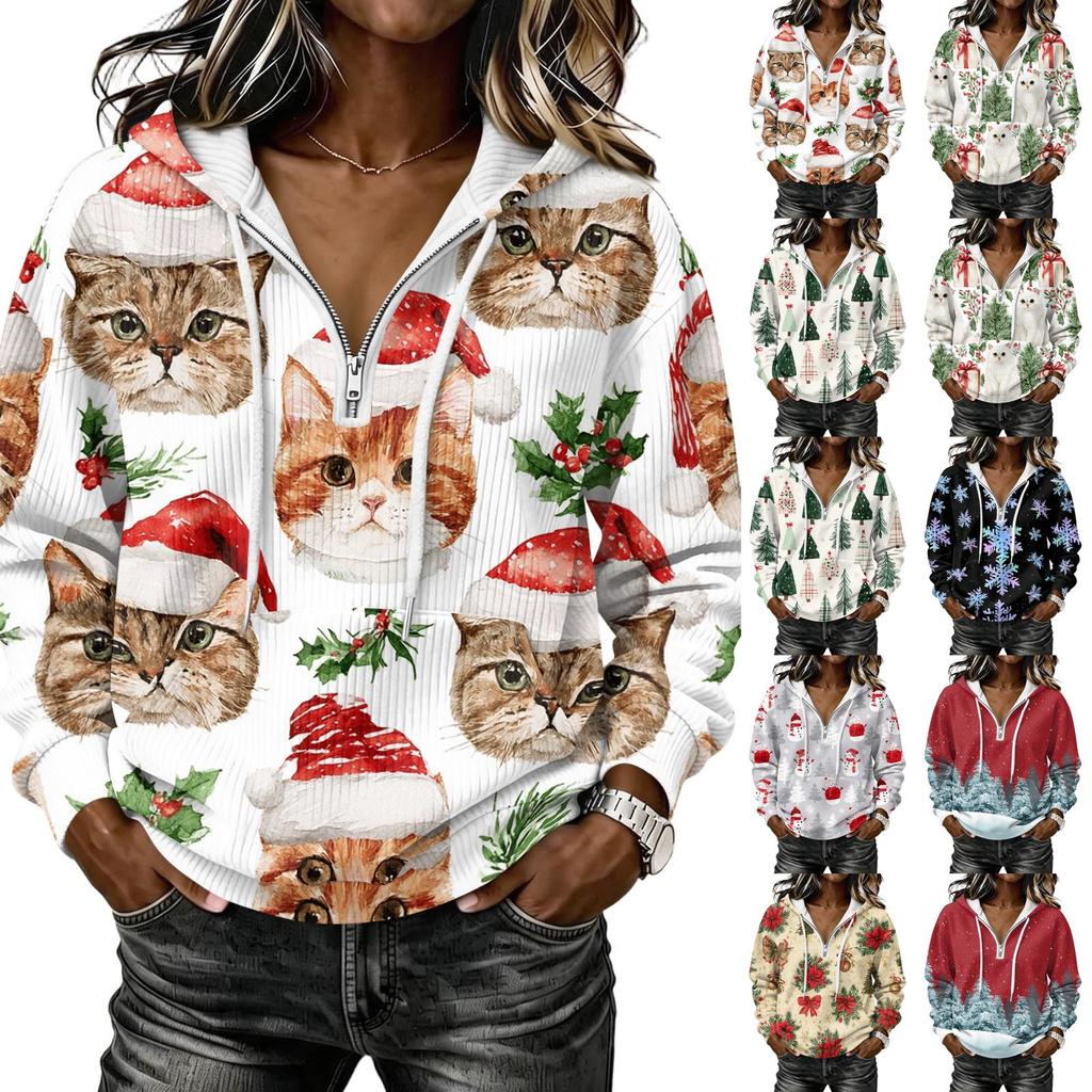 Women's Christmas Print Long Sleeve Hooded Pullover Sweatshirt