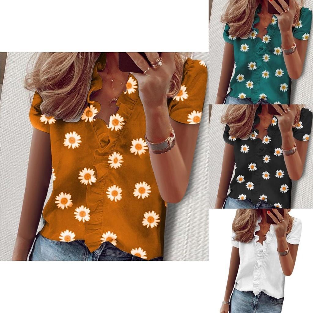 Stylish Women's V Neck Ruffle Short Sleeve T Shirt With Fashionable Daisy Print