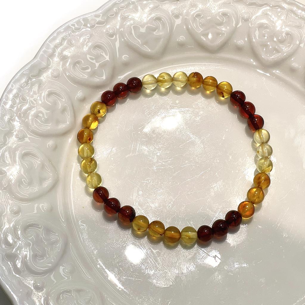 Natural Amber Three Color Round Bead Bracelet 5.3×5.3mm 18cm, Mixed Blood Amber Golden Amber Floral Amber Elastic Stack Bracelet