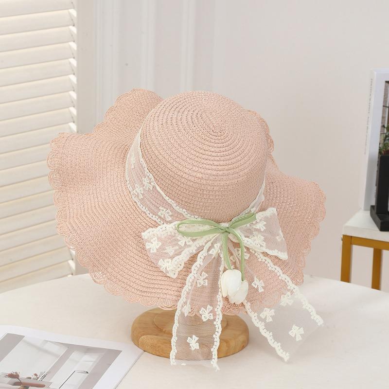 Summer Bow Sun Hat Female, Seaside Beach Vacation Sun Hat Outdoor Big Brim Sun Hat Sweet Straw Hat