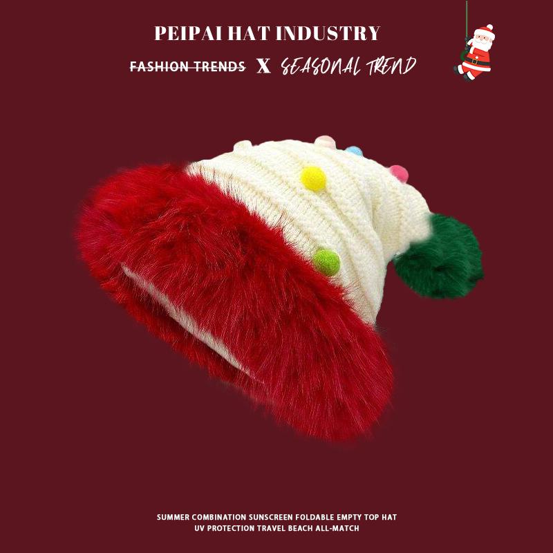 Plush Christmas red knitted hat women s thickened hairball cute warm pullover holiday festive pointy hat M（56-58cm）