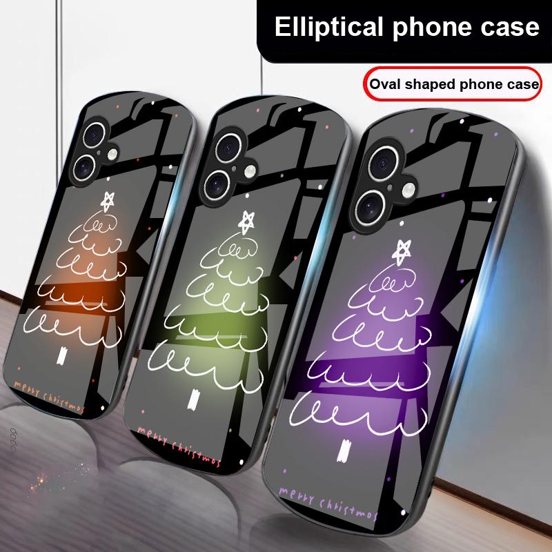 White Line Christmas Tree For iPhone 17 16 15 14 13 Plus 12 Mini 11 Pro Max XR Xs Max X 7 8 6S 22 20 Elliptical Glass Phone Case