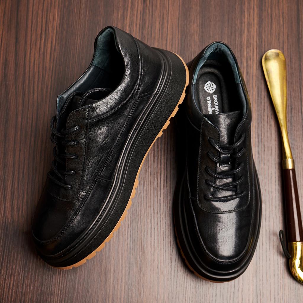 Bowei Leather British Style Business Men'S Shoes Leather Shoes Breathable Lace-Up Shoes Round Head Trend Thick Sole Breathable Leather Shoes