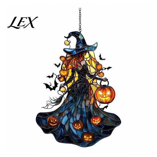 Unique Witch Themed Room Accents Acrylic Suncatcher, Stained Glass Effect Window Car Hanging Ornament, Gothic Scary Halloween Party Supplies for Home