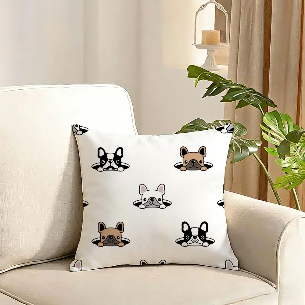 Cartoon French Bulldog Pattern Cushion Cover Reversible Plush Pillow Cover Soft Fluffy Home Decor for Sofa Bedroom
