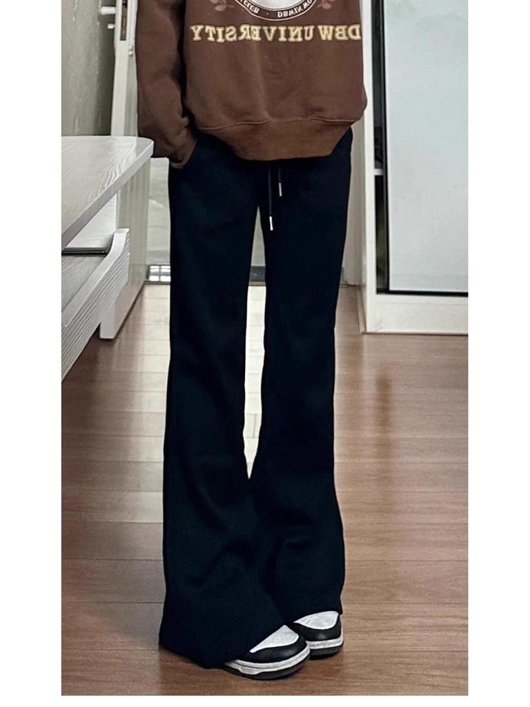 Pantalon de survêtement évasé noir taille haute pour femme - Printemps/Automne, Amincissant, Décontracté, Long jusqu'au sol avec cordon de serrage et drapé, Design en fer à cheval.